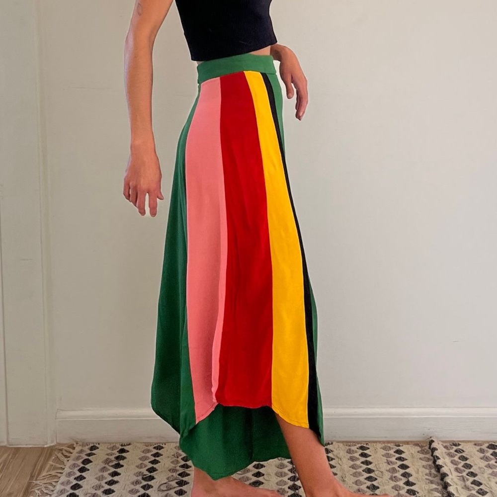 Farm Rio Boho Reggae Festival Striped Green Pink Asymmetrical Cropped Pants G/L